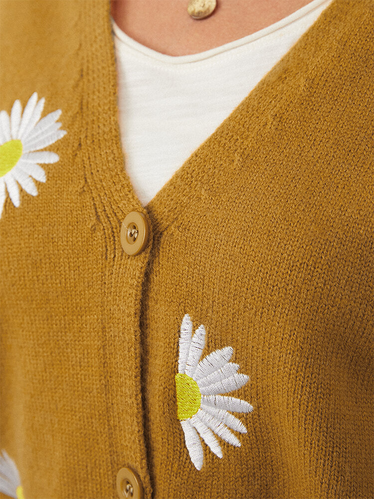 Daisy Embroidery Button Long Sleeve V-neck Knitted Cardigan