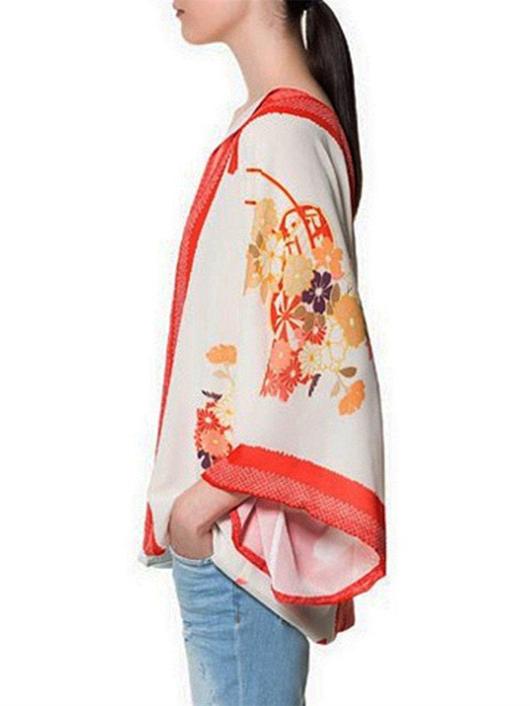 Vintage Loose Floral Print Batwing Sleeve Chiffon Kimono Cardigan