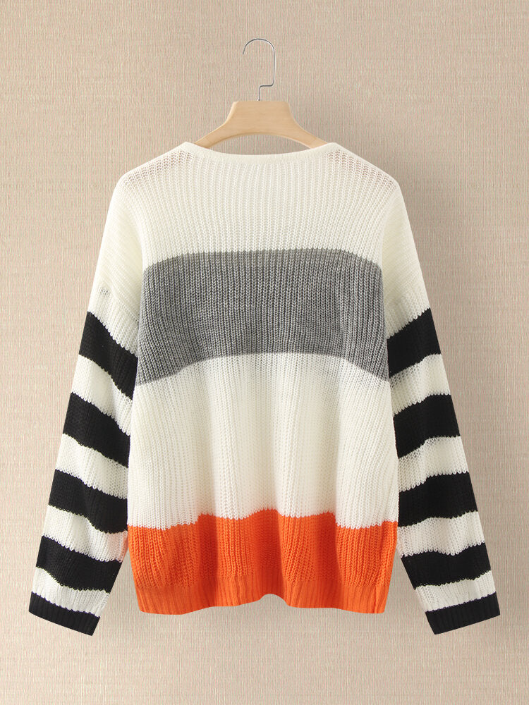 Contrast Color Stripe Long Sleeve O-neck Knit Sweater