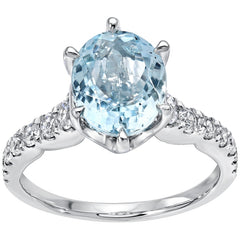 18KT White Gold Oval Aquamarine And Round Brilliant Cut 0.48ctw Diamond Ring