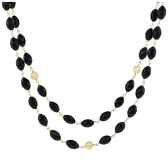 14KT Yellow Gold Faceted Black Onyx 2 Row Layered Necklace With 3 Gold Beads