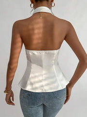 Privé Solid Button Front Backless Halter Top