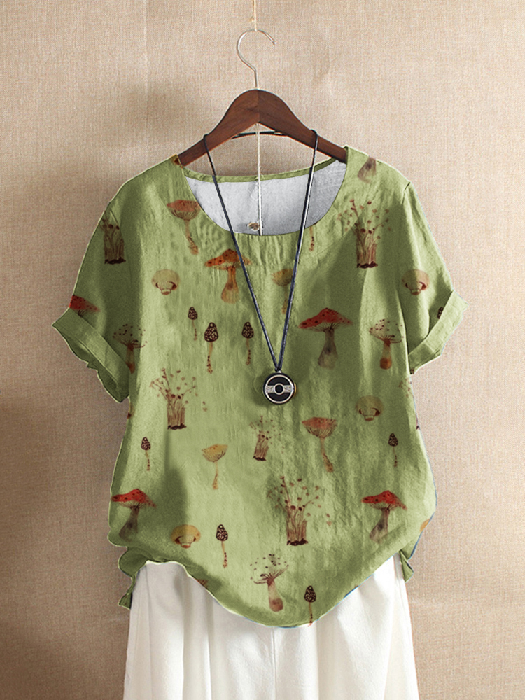 Mushroom Print Short Sleeve Loose O-neck T-Shirt For Women