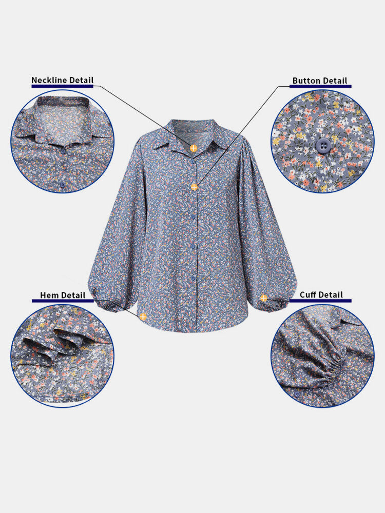 Floral Print Lapel Long Sleeve Casual Blouse For Women