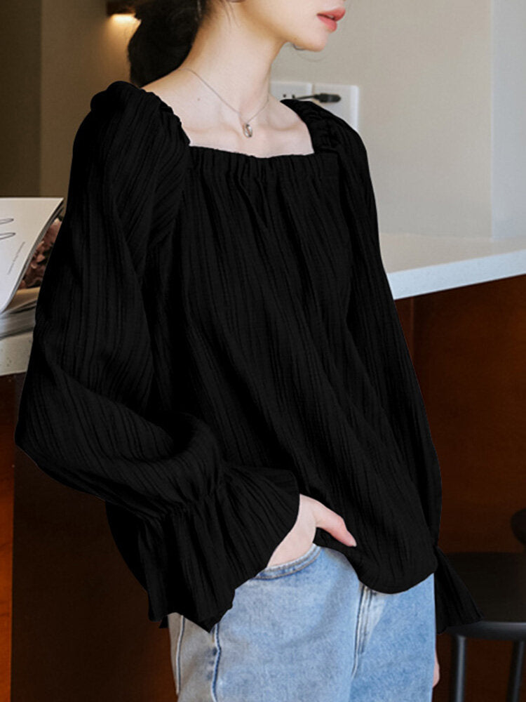 Solid Color Long Sleeve Square Collar Ruffled Blouse For Women