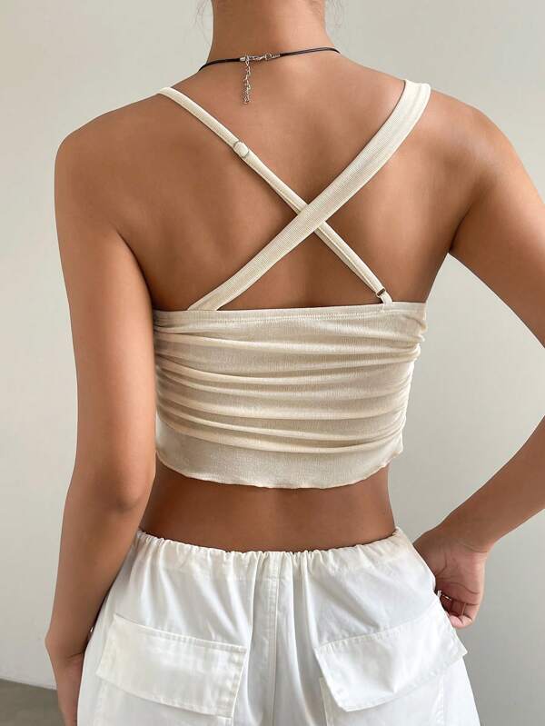 EZwear Solid Asymmetrical Neck Ruched Crop Top
