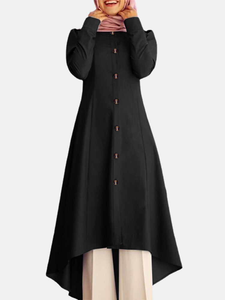 Solid Color Button Curved Hem Casual Muslim Dress for Women