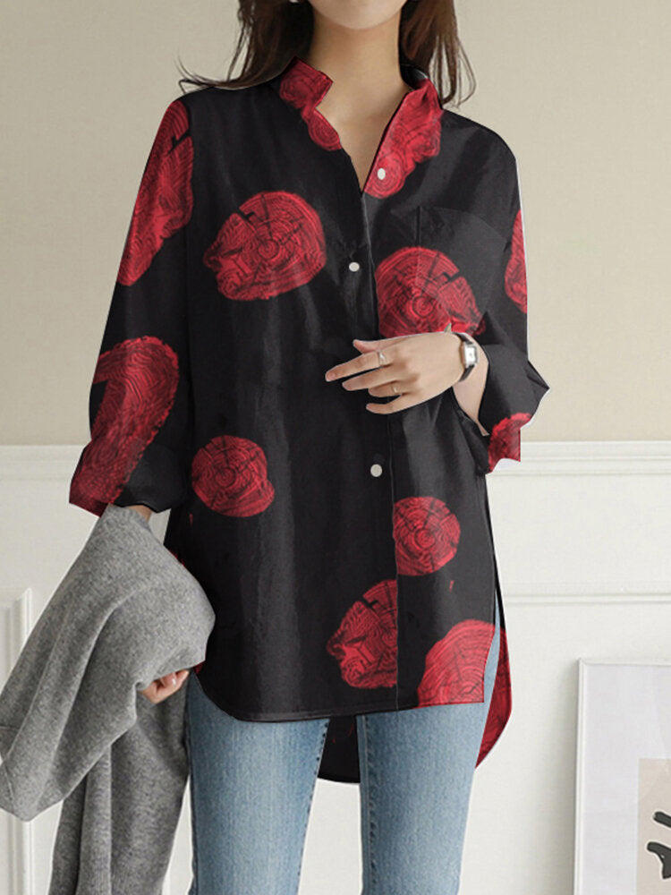 Geometry Print Long Sleeves Casual Loose Blouse With Pockets