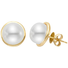 18KT Yellow Gold 9-10mm Cultured Freshwater Pearl Bezel Earrings