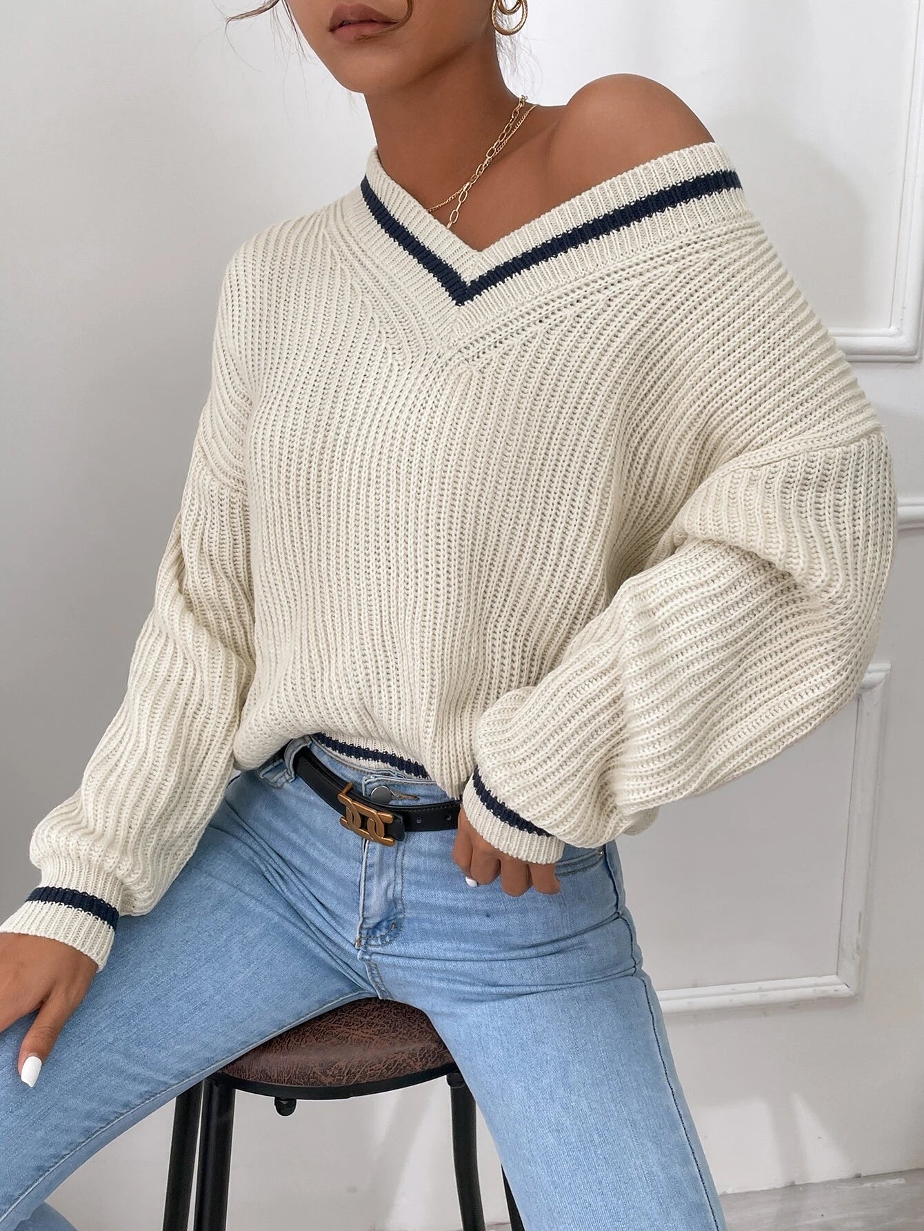 Frenchy Striped Trim Drop Shoulder Cricket Sweater