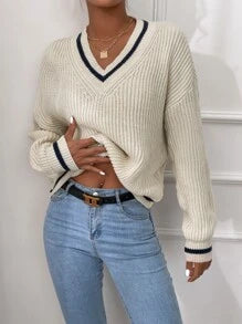 Frenchy Striped Trim Drop Shoulder Cricket Sweater