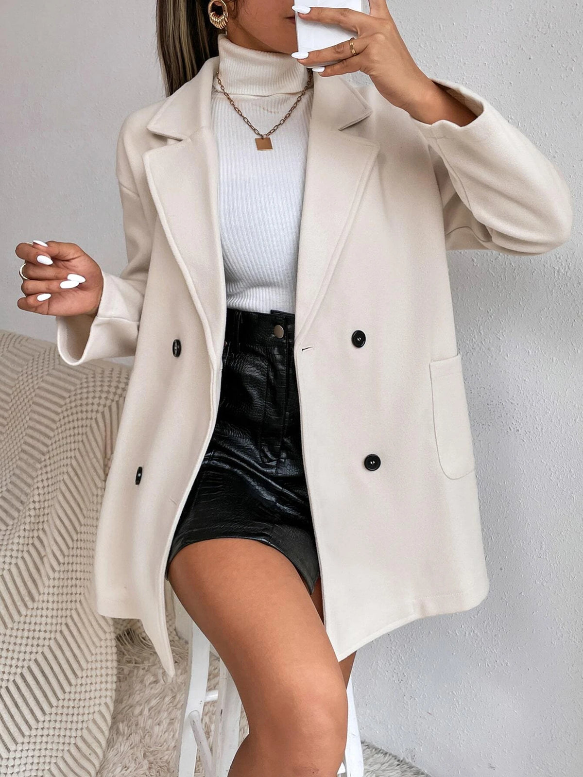 PETITE Drop Shoulder Double Breasted Pocket Patched Overcoat