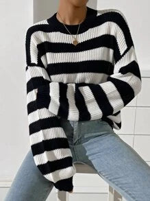 EZwear Striped Pattern Drop Shoulder Sweater
