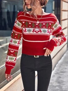 Christmas Pattern Boat Neck Sweater