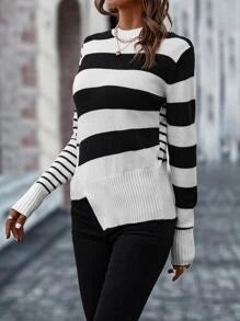 Striped Pattern Asymmetrical Hem Sweater