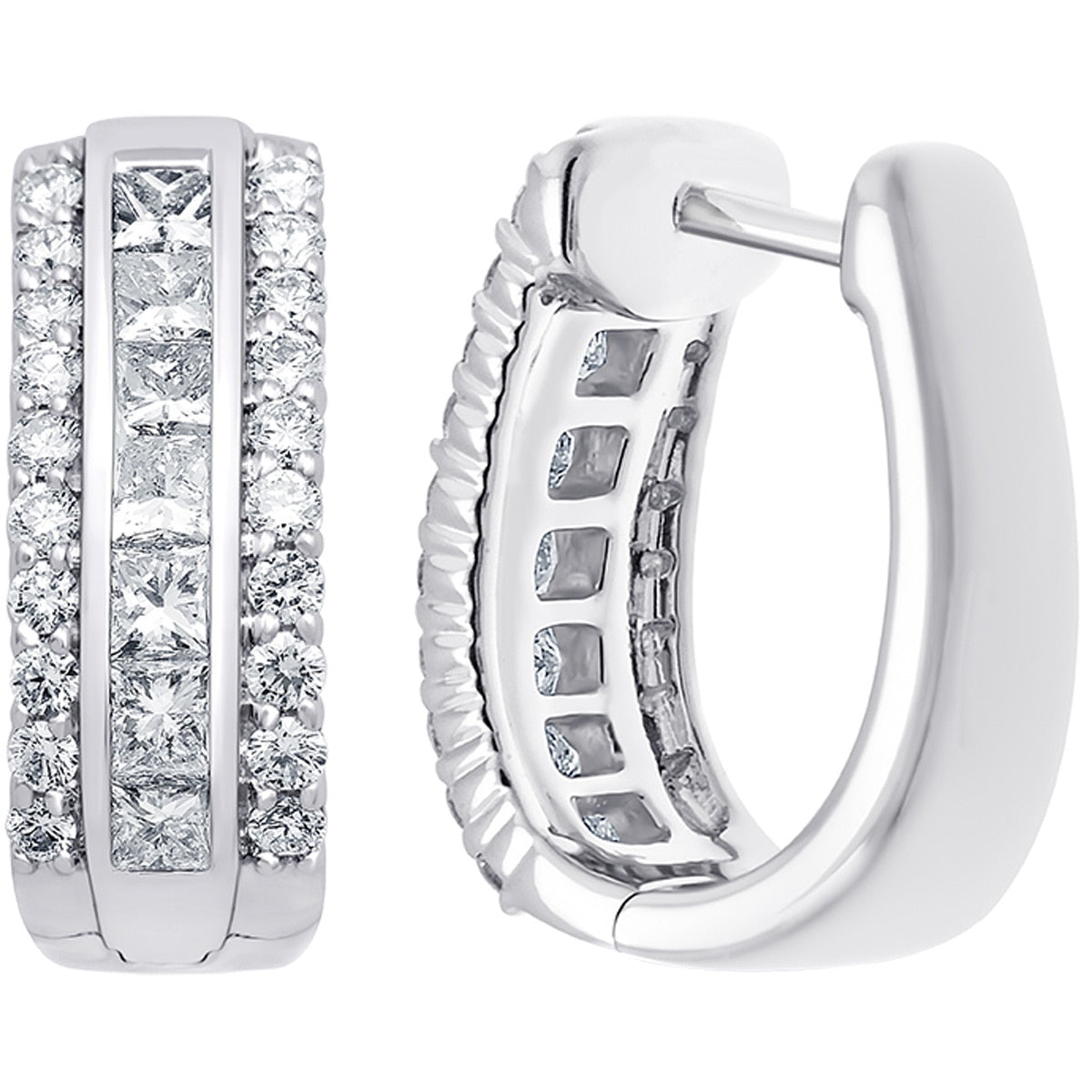 18KT White Gold Round Brilliant Cut And Princess Cut 1.45ctw Diamond Hoop Earrings