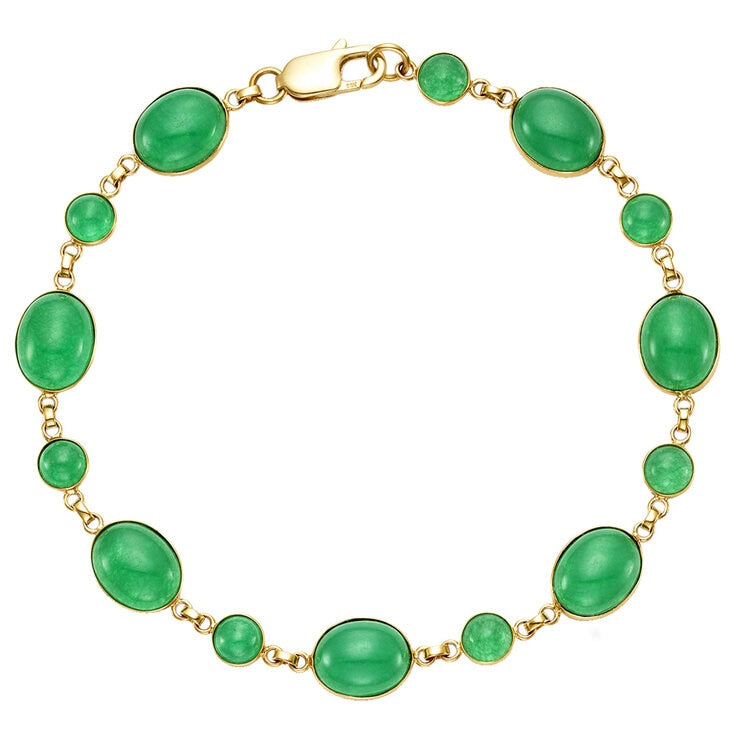 14KT Yellow Gold Dyed Green Round Bezel Jade Link Bracelet