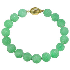 14KT Yellow Gold Dyed Green Jade Carved Beads Knot Bracelet