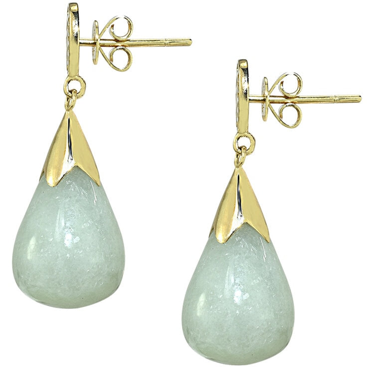 14KT Yellow Gold Natural Green Jade Post Earrings