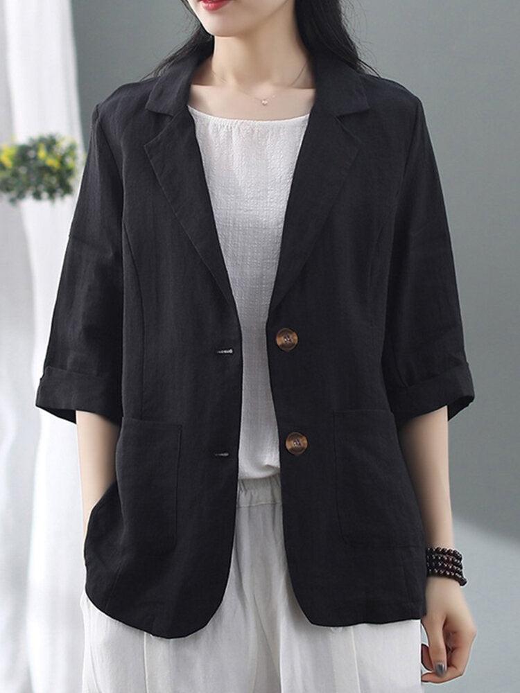 Solid Color Pockets Turn-down Collar 3/4 Sleeve Casual Jacket