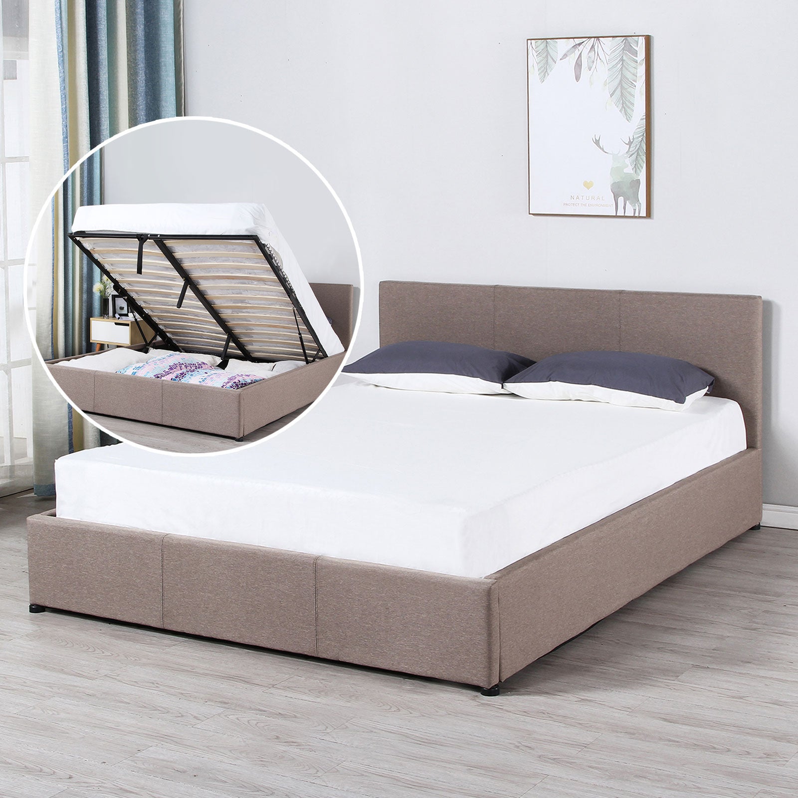 Milano Luxury Gas Lift Bed Frame w/ Headboard - Beige - Queen