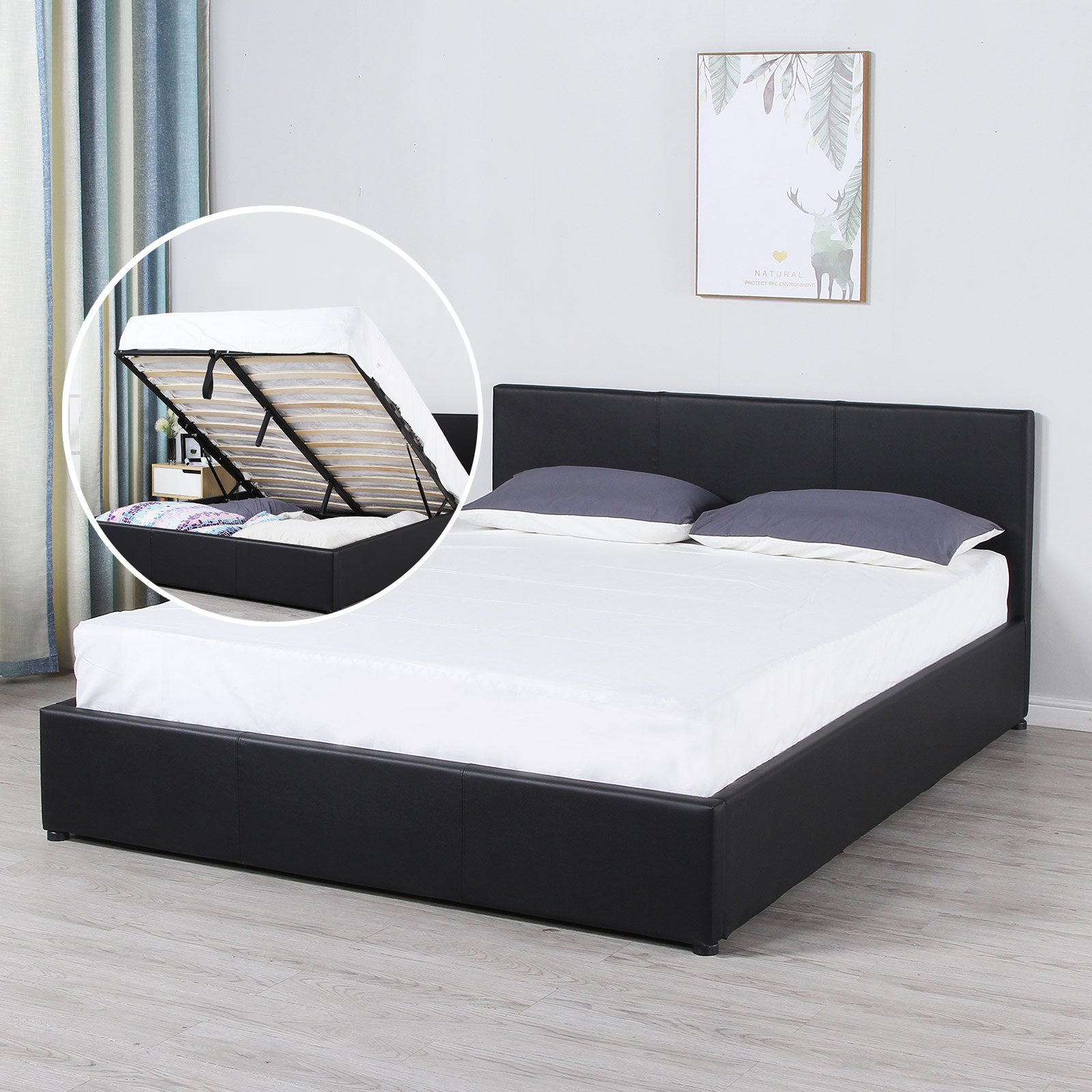 Milano Luxury Gas Lift Bed Frame w/ Headboard - Black - King