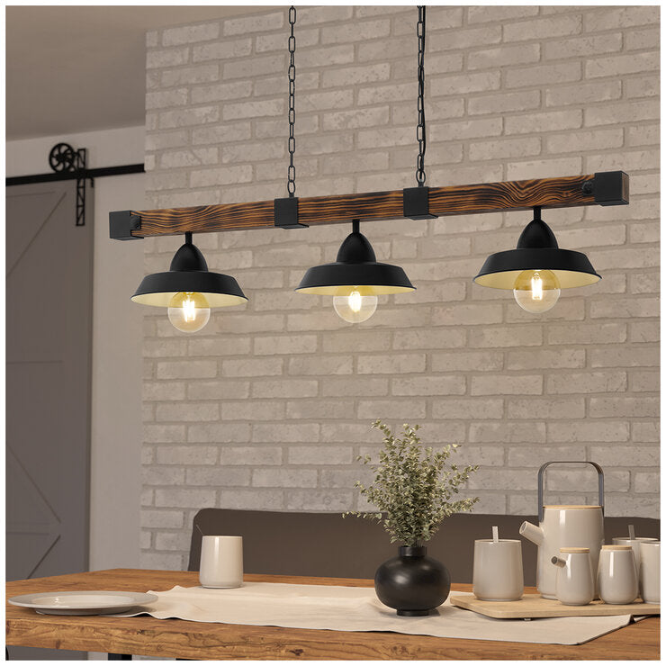 EGLO Oldbury 3 Pendant Black And Rustic Wood Light