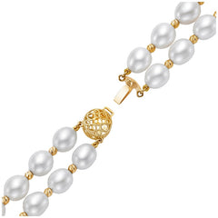 14KT Yellow Gold 2 Row 8-9mm Long Shape Cultured Freshwater Pearl Diamond Cut Bead Flower Bracelet