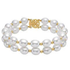 14KT Yellow Gold 2 Row 8-9mm Long Shape Cultured Freshwater Pearl Diamond Cut Bead Flower Bracelet