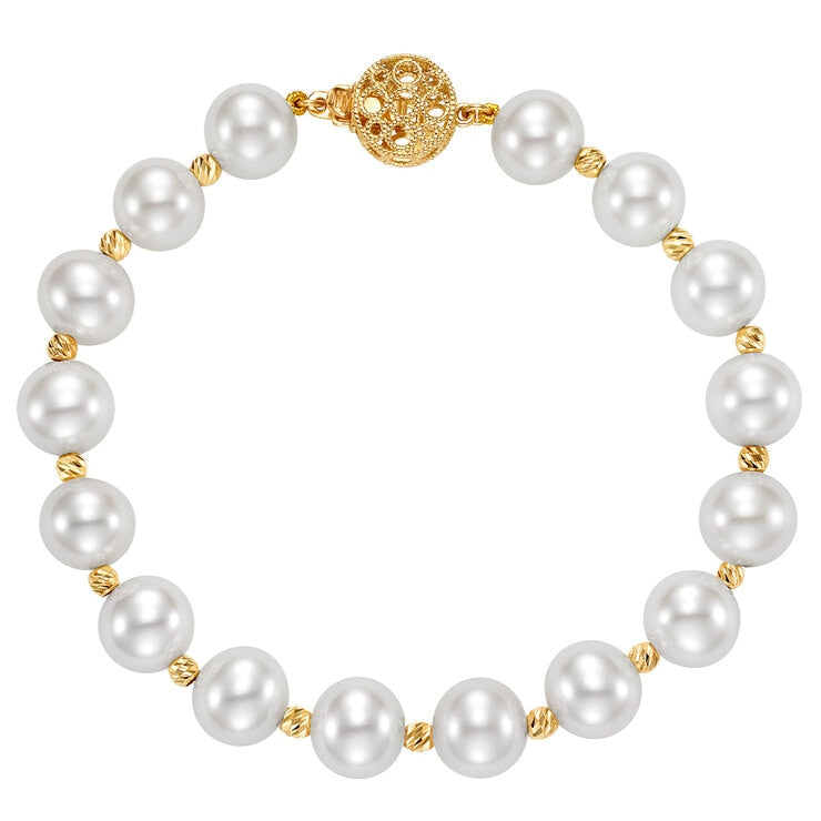 14KT Yellow Gold 8.5-9.5mm Cultured Freshwater Pearl Multi-Cut Bead Flower Bracelet