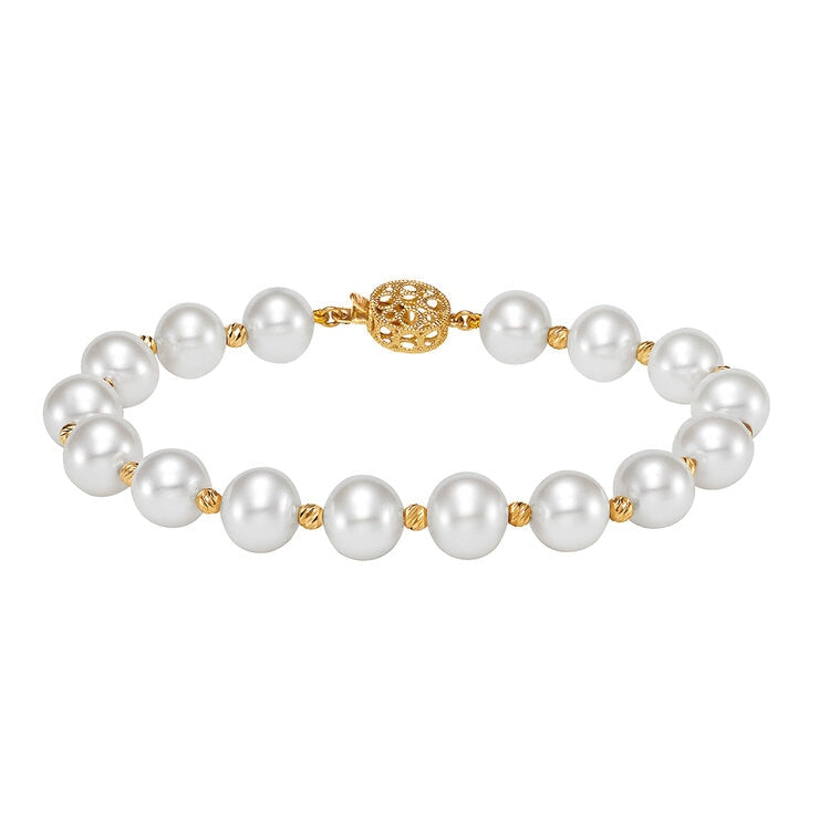 14KT Yellow Gold 8.5-9.5mm Cultured Freshwater Pearl Multi-Cut Bead Flower Bracelet