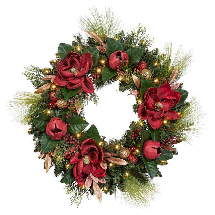 Pre Lit LED Magnolia Wreath 76.2 cm