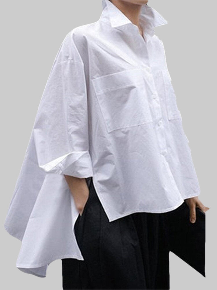 Casual Solid Color Front Button Long Sleeve Asymmetrical Blouse