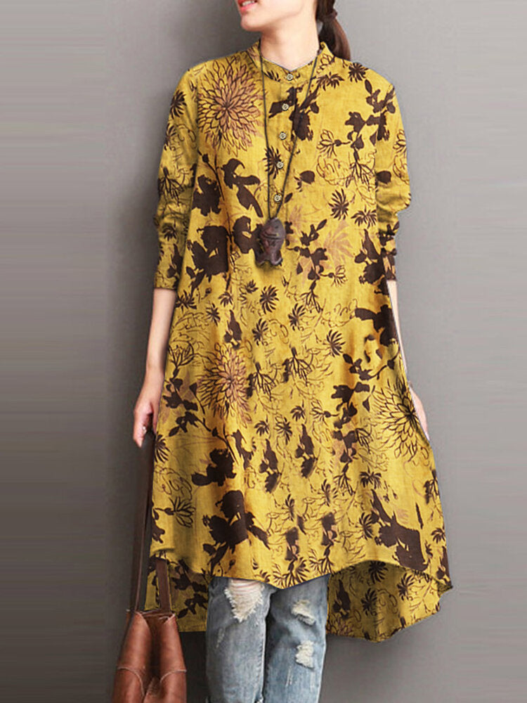 Plants Print Button Long Sleeve Stand Collar High-low Vintage Dress