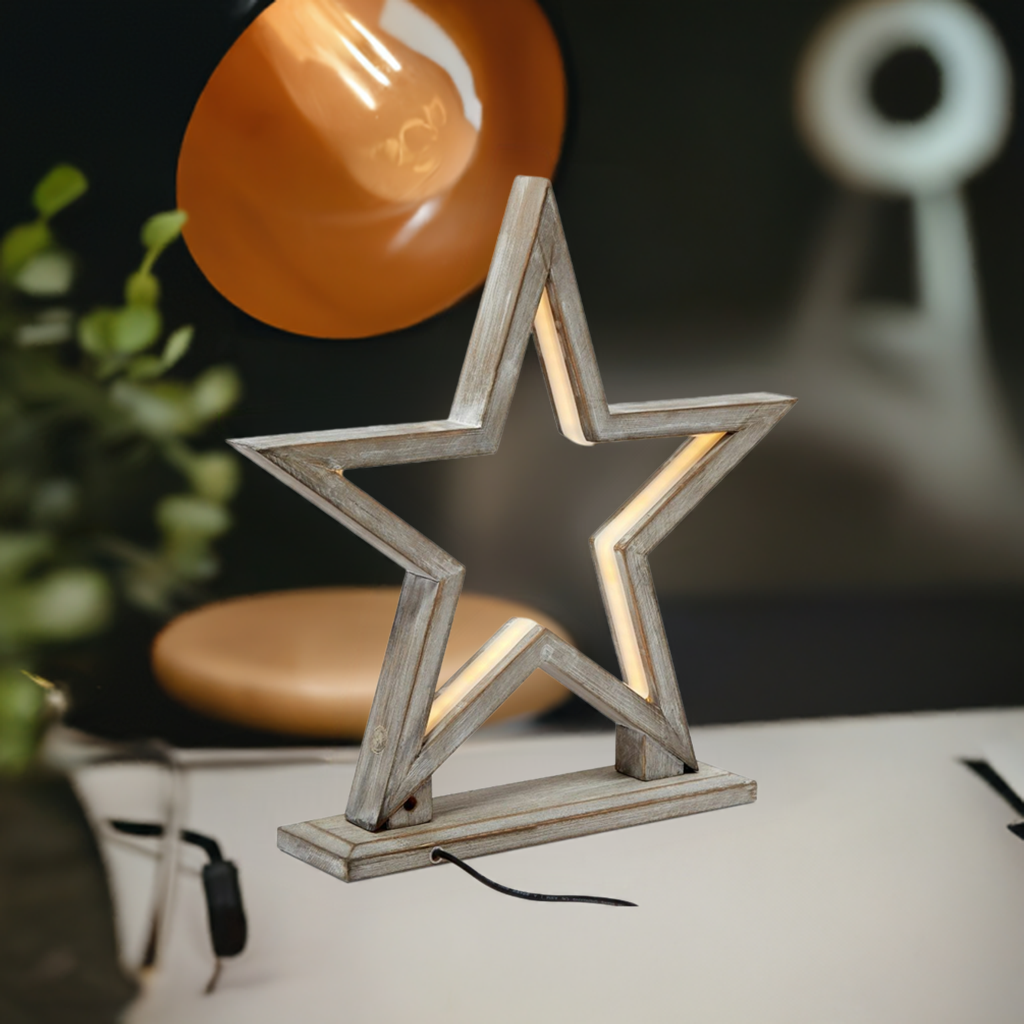 33cm Bamboo Star LED Table Lamp Light Modern Bedside - Antique Timber