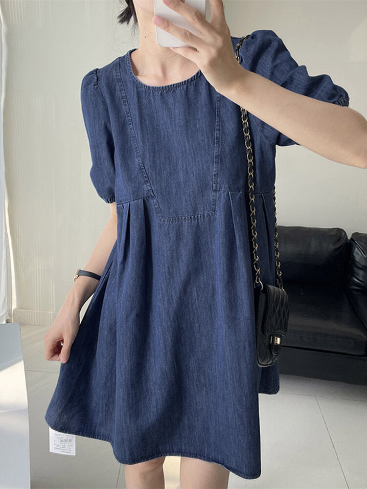 Puff Sleeve A-line Solid Crew Neck Casual Denim Dress