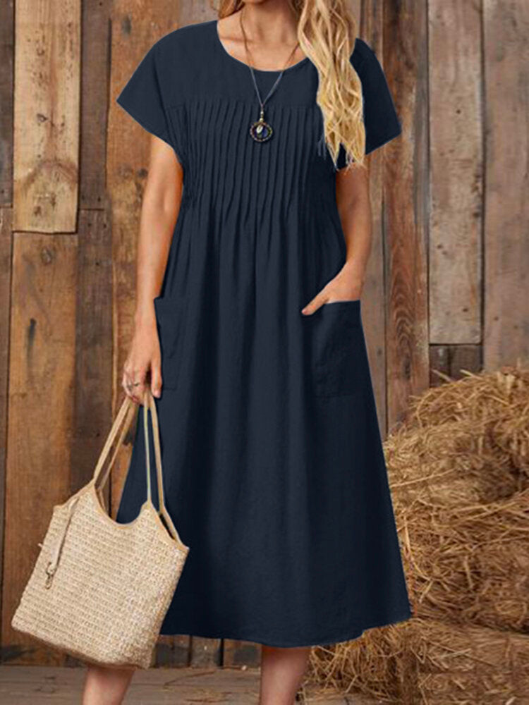 Women Solid Pleated Crew Neck Double Pocket Casual Dress