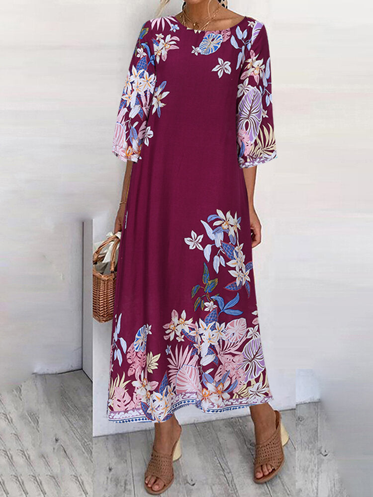 Calico Pocket O-neck Long Sleeve Print Dress For Women