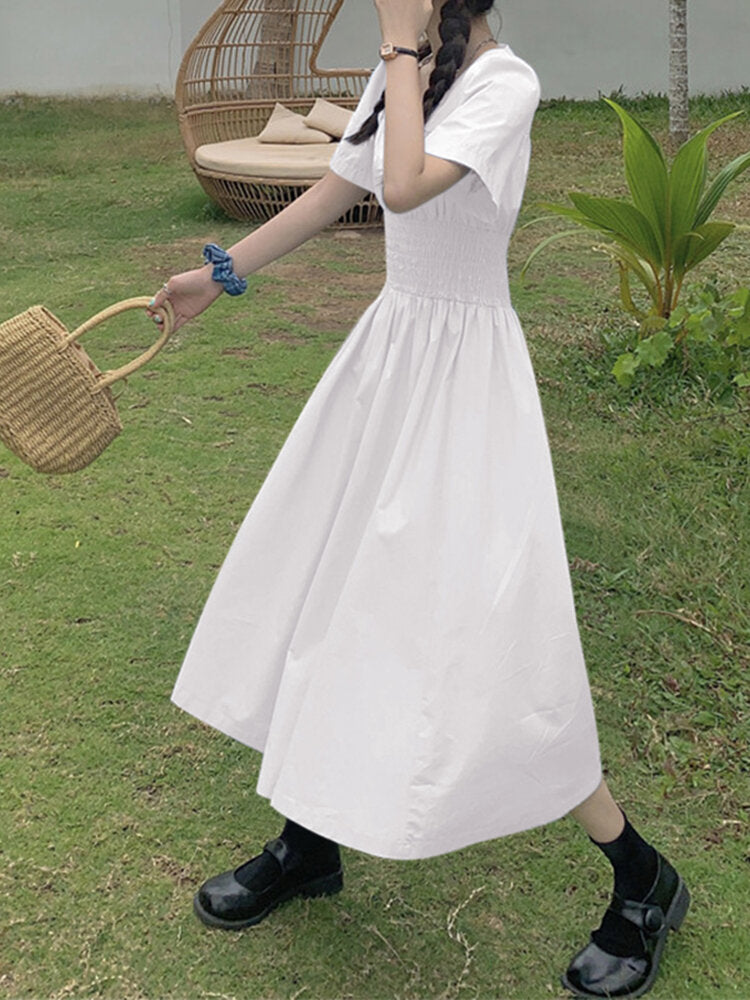 Solid Shirred Waist A-line Short Sleeve Notch Neck Dress