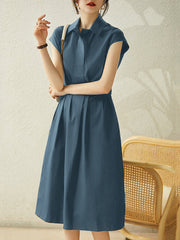 Solid Lapel Short Sleeve Casual Dress With Belt