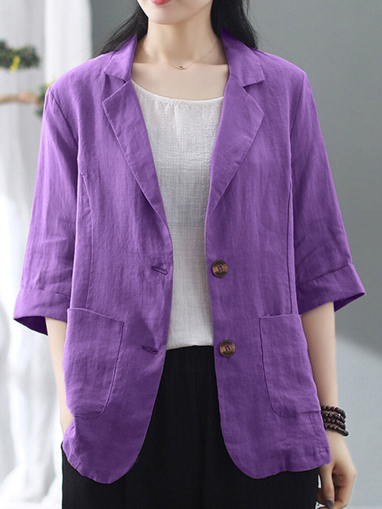 Solid Color Pockets Turn-down Collar 3/4 Sleeve Casual Jacket