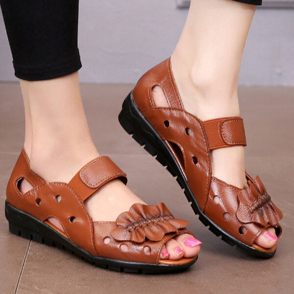 Peep Toe Leather Elastic Band Hollow Out Flat Comfortable Sandals