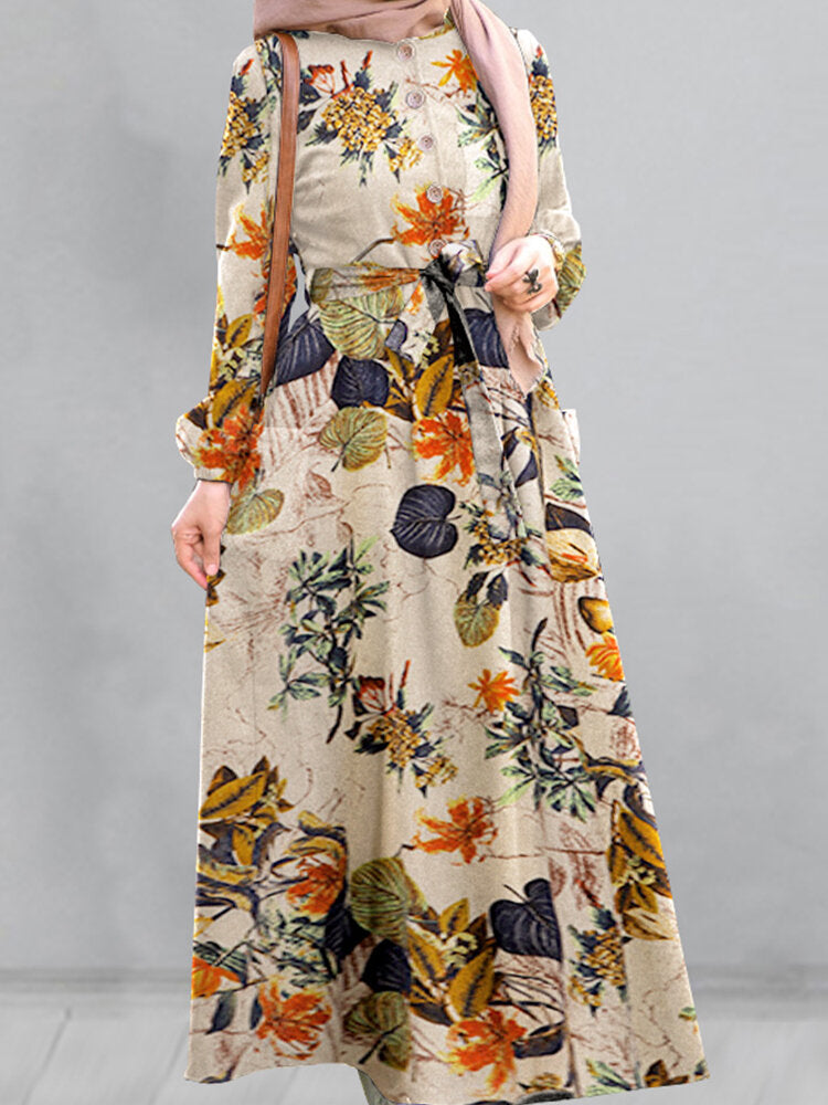 Vintage Flower Puff Sleeves O-neck Maxi Dress With Side Pocket