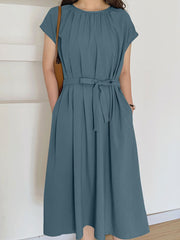 Solid Pleated Pocket Tie Waist Short Sleeve Crew Neck Dress