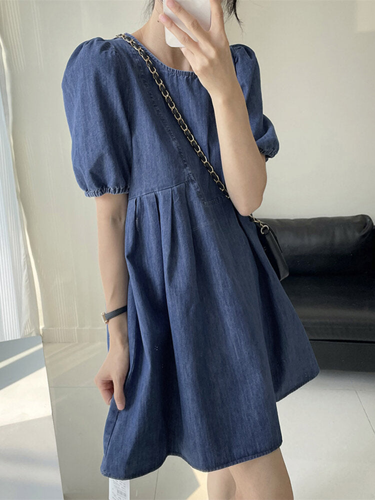Puff Sleeve A-line Solid Crew Neck Casual Denim Dress
