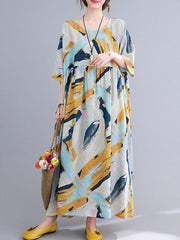 Abstract Painted Loose O-neck Half Sleeve Women Vintage Dress