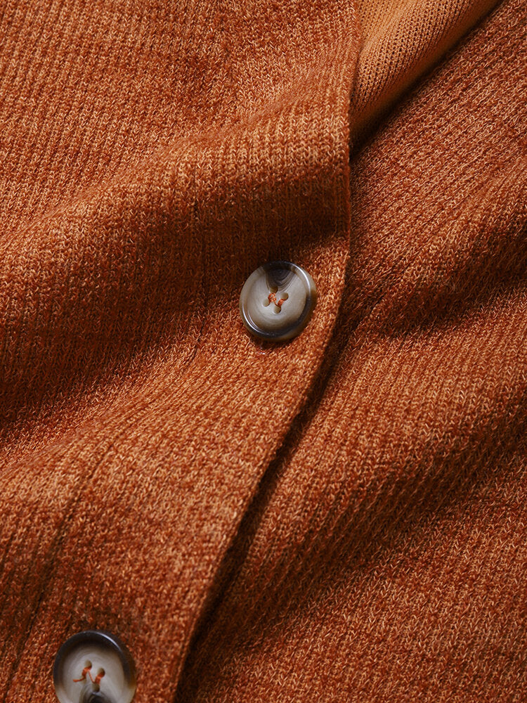 Solid Dual Pocket Button Long Sleeve V-neck Cardigan