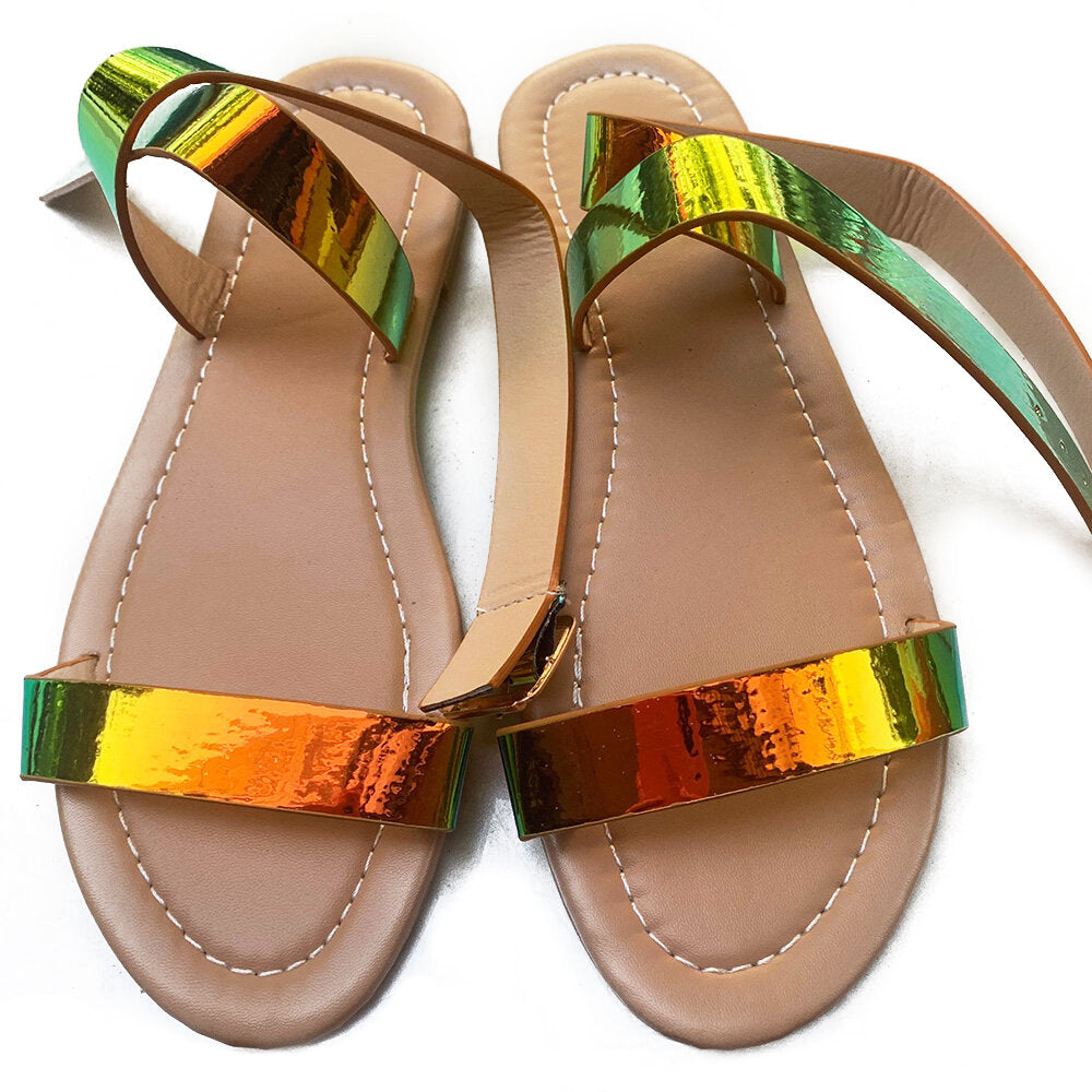 Large Size Women Casual Colorful Open Toe Cross Buckle Strap Flat Sandals