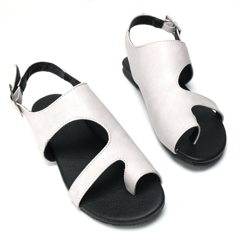 Plus Size Women Casual Clip Toe Hollow Black Buckle Flat Sandals