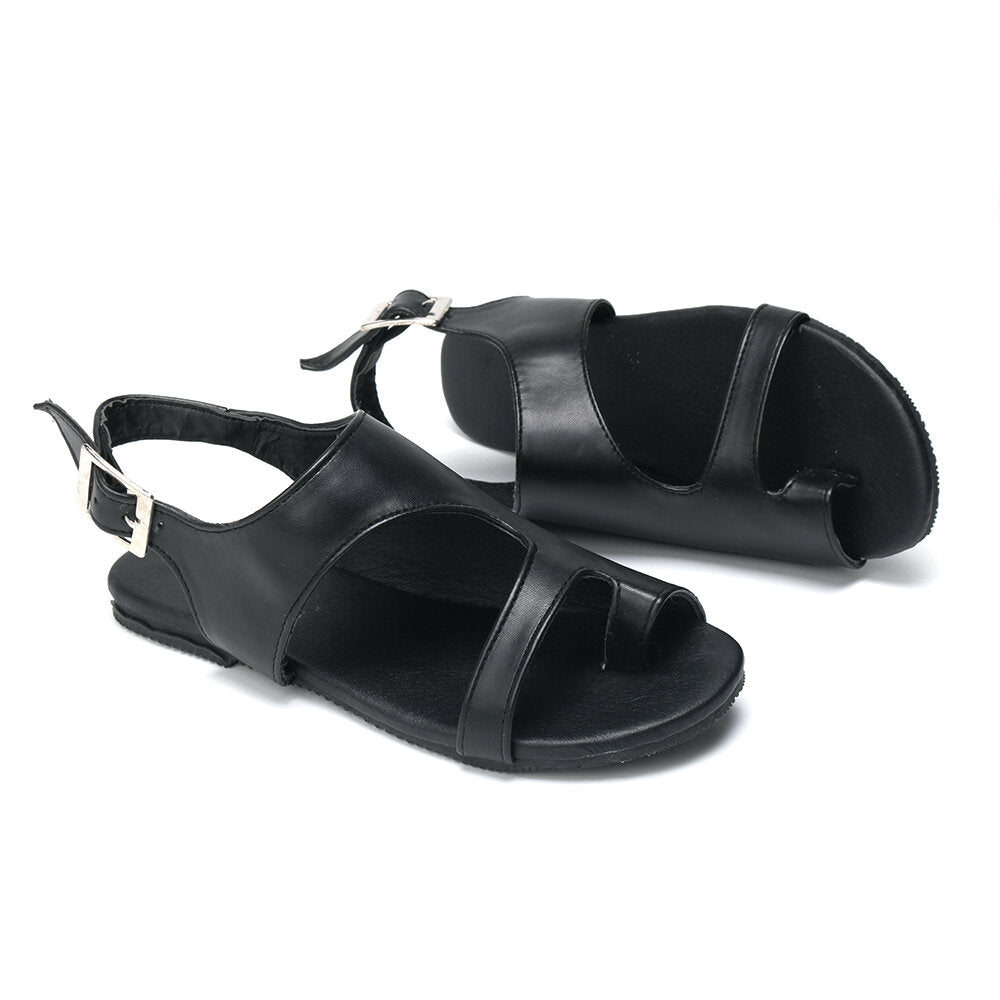 Plus Size Women Casual Clip Toe Hollow Black Buckle Flat Sandals